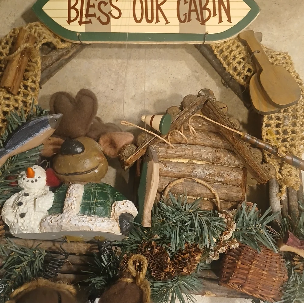 Rustic Cabin Wreath with Reindeer And Snowman
